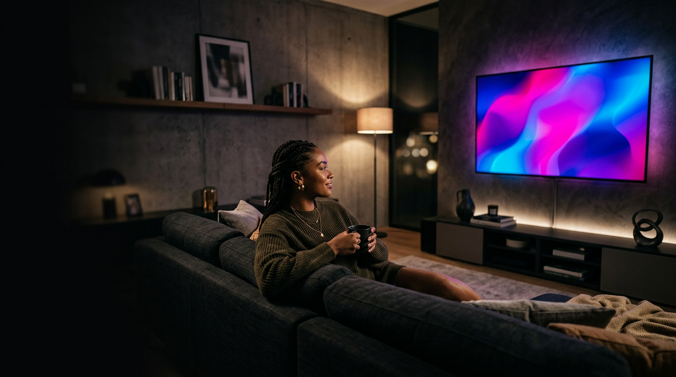 Person watching a premium streaming experience in a modern living room